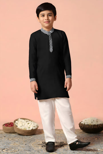 Boy's Black Chanderi Silk Embroidered Kurta Pajama Set