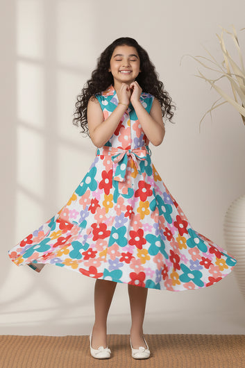 Girls's Multicolor Cotton Blend Florel Printed Frock