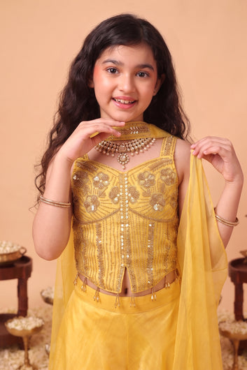 Girls Yellow Silk Blend Embroidered Party/Festive Wear 4-Piece Ethnic Set- Crop Top, Palazzo, Inner Top & Dupatta