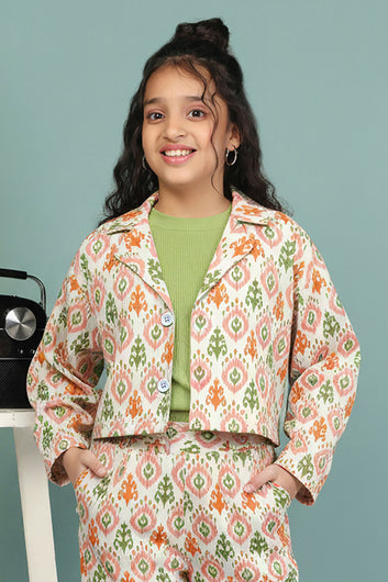 Girls Parrot Lycra Blend Printed Crop top, Jacket & Pant Set