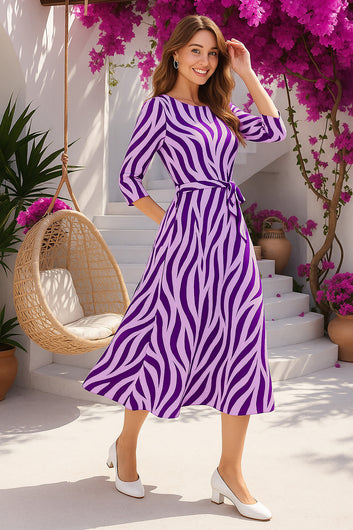 Womens Purple Cotton Blend Animal Printed Midi Length Casual Dress