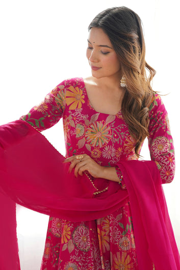 Womens Pink Chinon Silk Printed Kurta Set with Dupatta