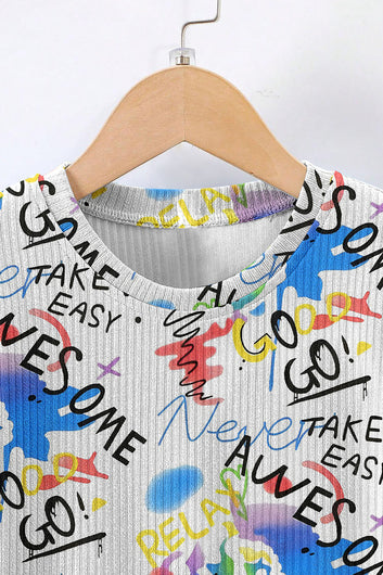 Boys White Rib Graphic Print T-Shirt and Shorts Set For Causal Wear
