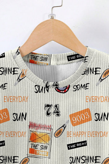 Boys Cream Lycra Blend Printed T-shirt and Short Clothing Set