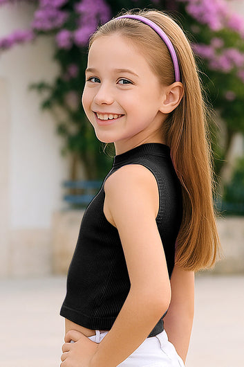 Girls Black Ribbed Solid Sleeveless Crew Neck Casual Top For Kids Summer Trend