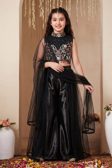 Girls Black Silk Blend Ethnic Set with Floral Embroidered Top, Flared Palazzo & Dupatta – Festive & Party Wear
