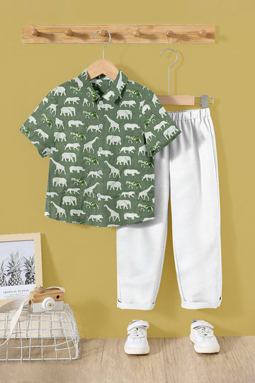 Boy's Pista Cotton Animal Printed Shirt and Pant Clothing Set