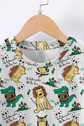 Boys White Lycra Blend Animal Printed T-shirt and Short Clothing Set