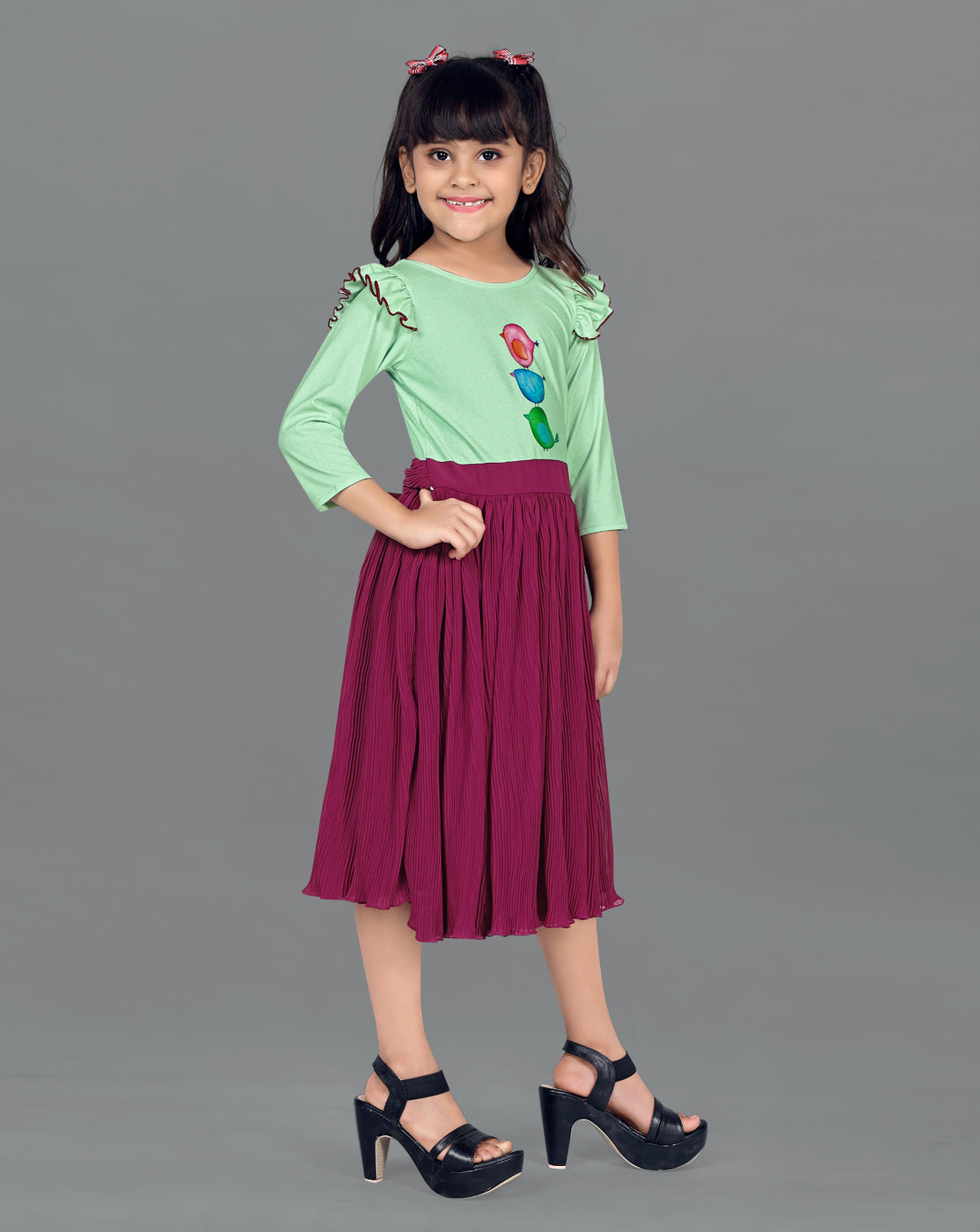 Girl’s Wine Lycra Georgette Knee Length Dresses