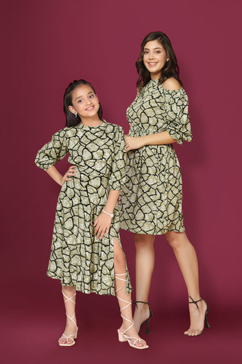 Green Rayon Animal Printed Mother-Daughter Combo Dress