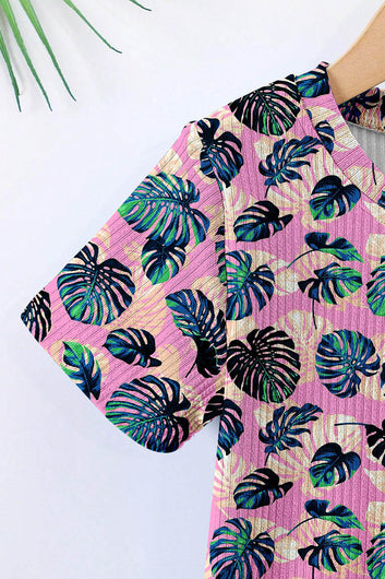 Boys Pink Lycra Blend Tropical Printed T-shirt and Short Clothing Set