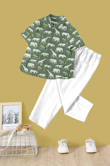 Boy's Pista Cotton Animal Printed Shirt and Pant Clothing Set