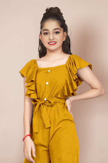Girls Mustard Cotton Blend Ruffled Jumpsuit