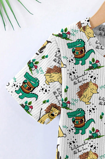 Boys White Lycra Blend Animal Printed T-shirt and Short Clothing Set