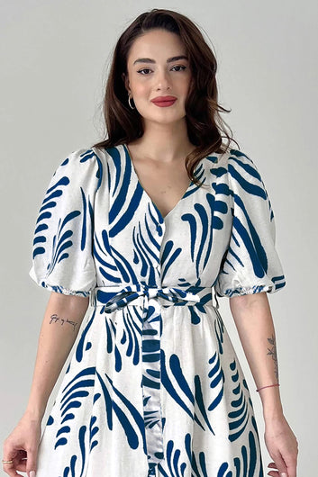 Womens Blue Viscose Rayon Printed Calf Length dress