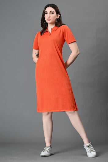 Women Rust Rib Solid Knee Legnth Dress