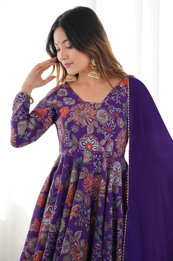 Womens Purple Chinon Silk Printed Kurta Set with Dupatta