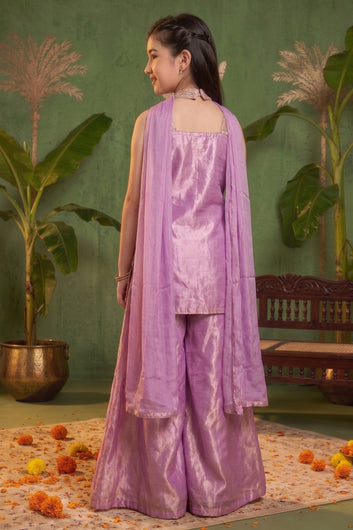 Girls Purple Silk Blend Embroidered Kurta and Palazzo with Dupatta For Ethnic Look