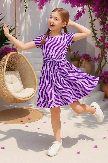 Girl's Purple Cotton Blend Fit & Flare Knee Legth Casual Dress