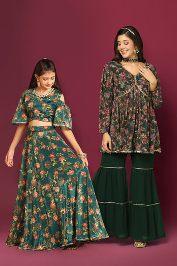 Green Floral Printed Mother-Daughter Ethnic Set