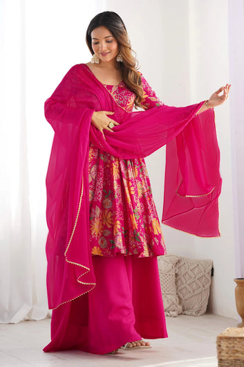 Womens Pink Chinon Silk Printed Kurta Set with Dupatta