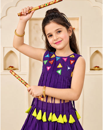 Girls Voilet Silk Blend Mirror work Embroidered Lehenga and Choli Festive Set For Girls