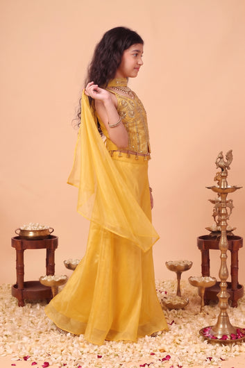 Girls Yellow Silk Blend Embroidered Party/Festive Wear 4-Piece Ethnic Set- Crop Top, Palazzo, Inner Top & Dupatta