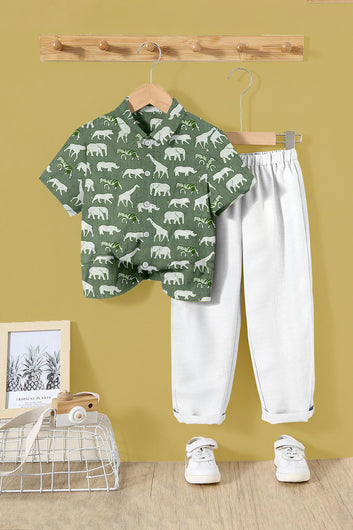 Boy's Pista Cotton Animal Printed Shirt and Pant Clothing Set