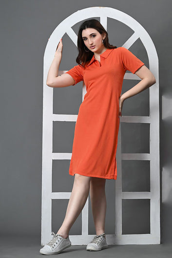 Women Rust Rib Solid Knee Legnth Dress