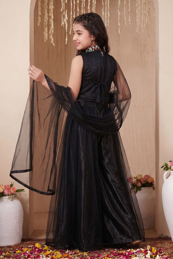 Girls Black Silk Blend Ethnic Set with Floral Embroidered Top, Flared Palazzo & Dupatta – Festive & Party Wear
