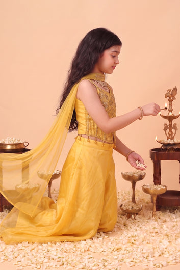 Girls Yellow Silk Blend Embroidered Party/Festive Wear 4-Piece Ethnic Set- Crop Top, Palazzo, Inner Top & Dupatta