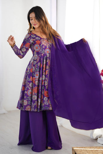 Womens Purple Chinon Silk Printed Kurta Set with Dupatta