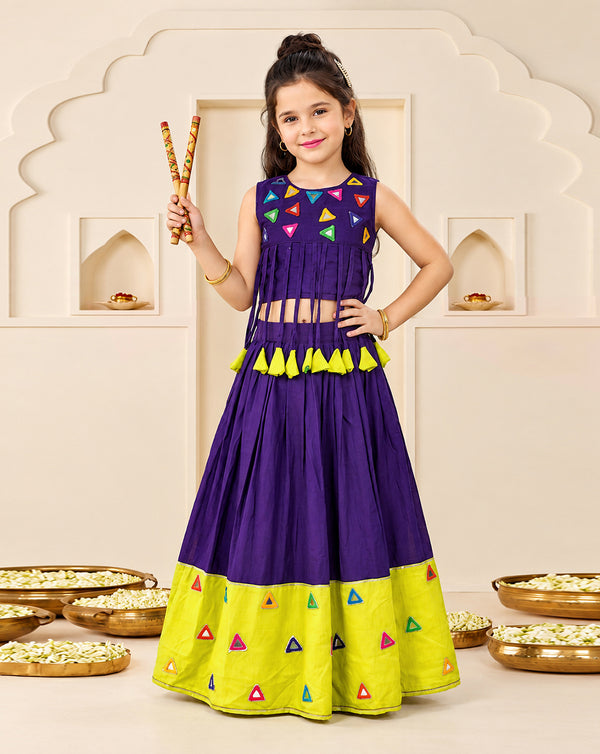 Girls Voilet Silk Blend Mirror work Embroidered Lehenga and Choli Festive Set For Girls