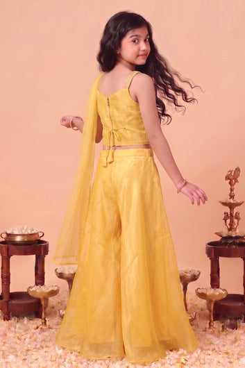 Girls Yellow Silk Blend Embroidered Party/Festive Wear 4-Piece Ethnic Set- Crop Top, Palazzo, Inner Top & Dupatta