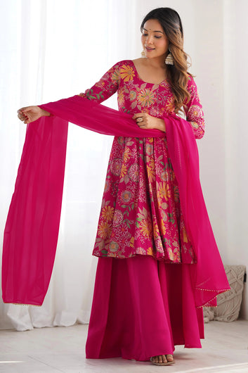 Womens Pink Chinon Silk Printed Kurta Set with Dupatta