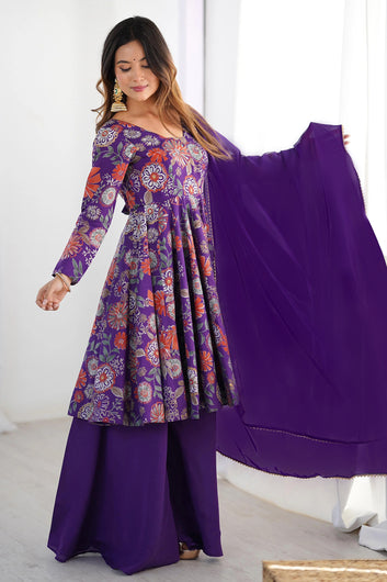 Womens Purple Chinon Silk Printed Kurta Set with Dupatta