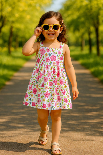 Girls Multicolor Cotton Blend Knee Length Floral Printed Fit and Flared Casual Dress