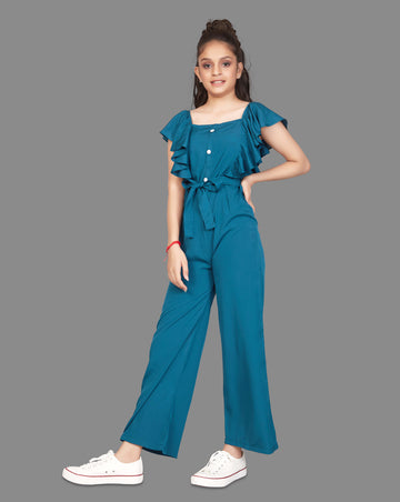 Girl's Front Button Ruffle Pattern Maxi Jumpsuit