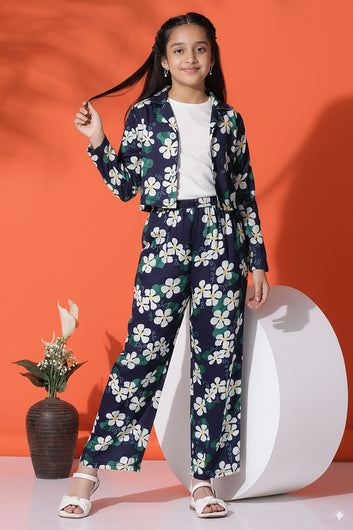 Girls White Cotton Blend Flower Printed Co ords sets Whith Jecket