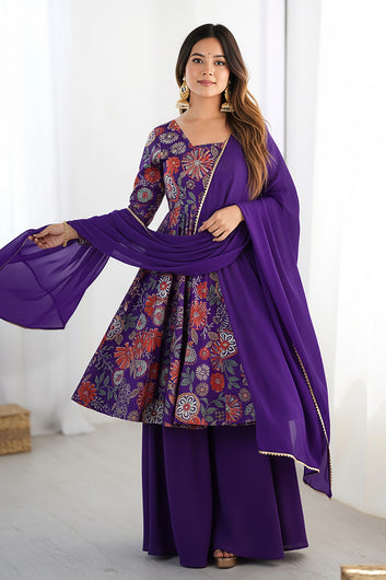 Womens Purple Chinon Silk Printed Kurta Set with Dupatta