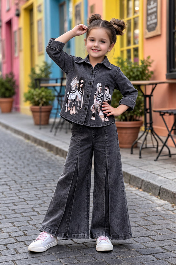 Girls Black Denim Graphic Print Shirt and Pant Set For Casual Wear