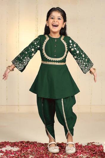Girls Bottle Green Roman Silk kurta Dhoti Pant Set Ethnic Wear