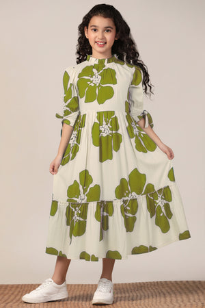 Girl's Mint Green Rayon Floral Printed Midi Dress