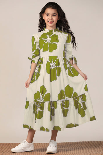 Girl's Mint Green Rayon Floral Printed Midi Dress