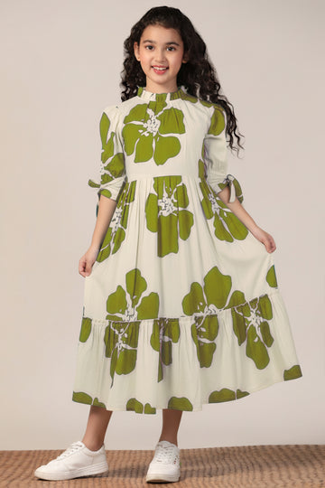 Girl's Mint Green Rayon Floral Printed Midi Dress