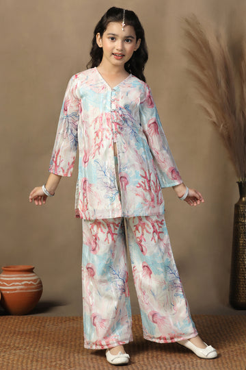 Girls Light Pink Georgette Printed Kurta Palazzo Set