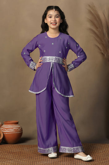 Girls Purple Chanderi Blend Ethnic Embroidered Front-Slit Peplum Style Kurta With Palazzo Set