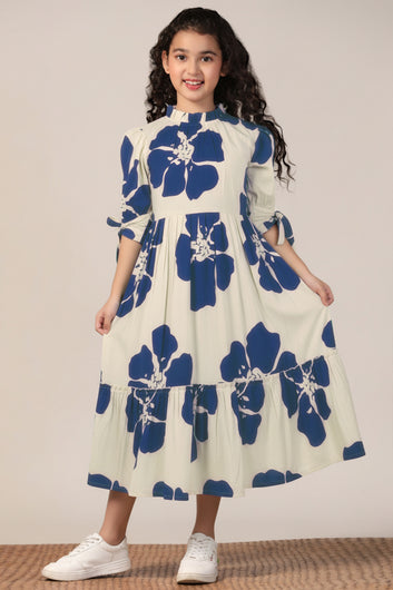 Girl's Navy Blue Rayon Floral Printed Midi Dress
