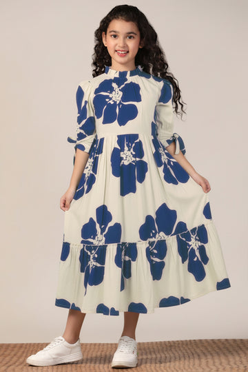 Girl's Navy Blue Rayon Floral Printed Midi Dress