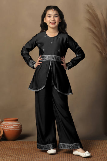 Girls Black Chanderi Blend Ethnic Embroidered Front-Slit Peplum Style Kurta With Palazzo Set